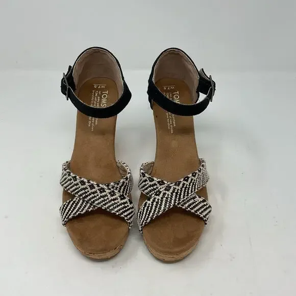 Toms Sienna Wedge Sandal Womens 7.5 Black Strappy Ankle Strap Cork Platform - Picture 2 of 13